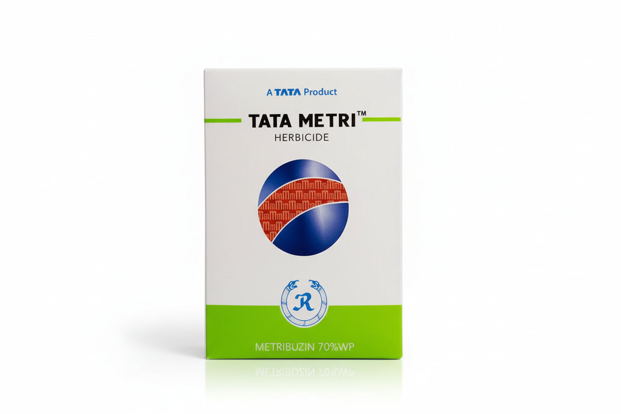 TATA Metri Herbicide with Metribuzin for effective control of broadleaf and grassy weeds in crops like potato and soybean with selective action