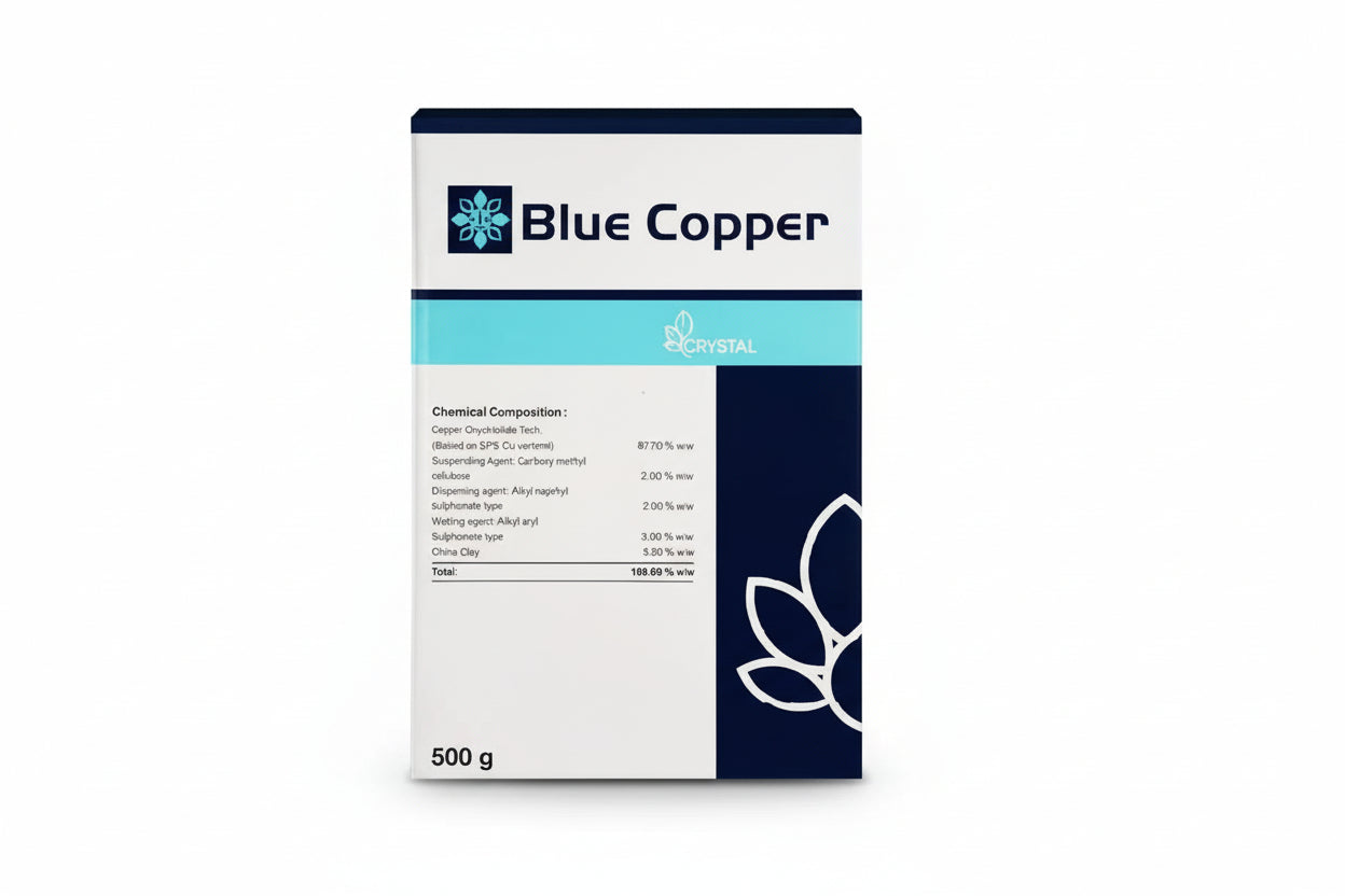 Crystal Blue Copper Fungicide with copper oxychloride for effective control of fungal and bacterial diseases like leaf spot and blight in vegetable and fruit crops with protective action