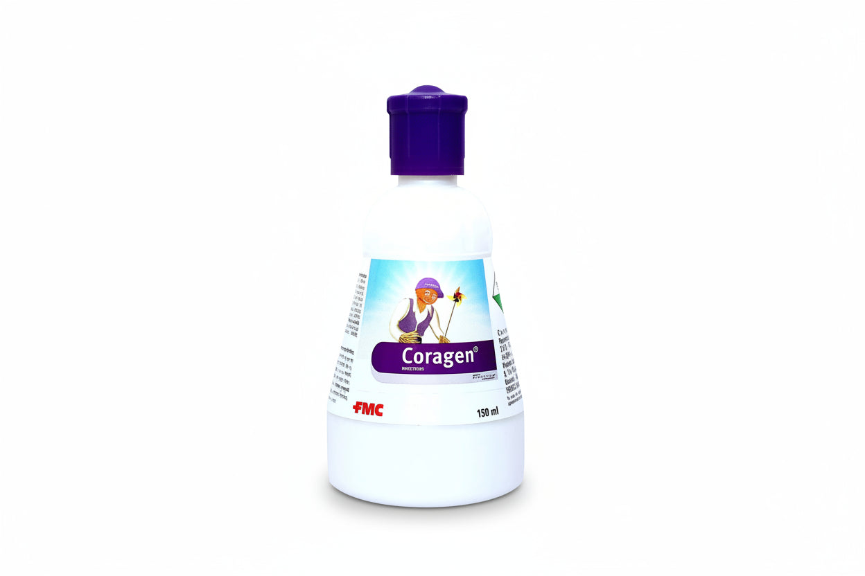 FMC Coragen Insecticide with Chlorantraniliprole 18.5% SC for effective control of borers, caterpillars, and lepidopteran pests in agricultural crops.
