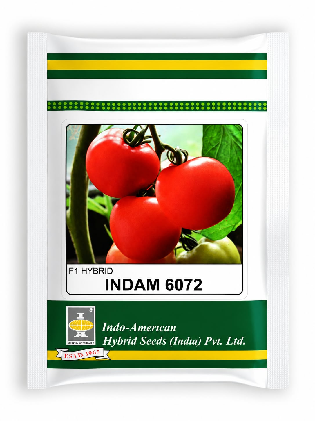 INDAM 6072 F1 Hybrid Tomato Seeds packet with red tomato fruits