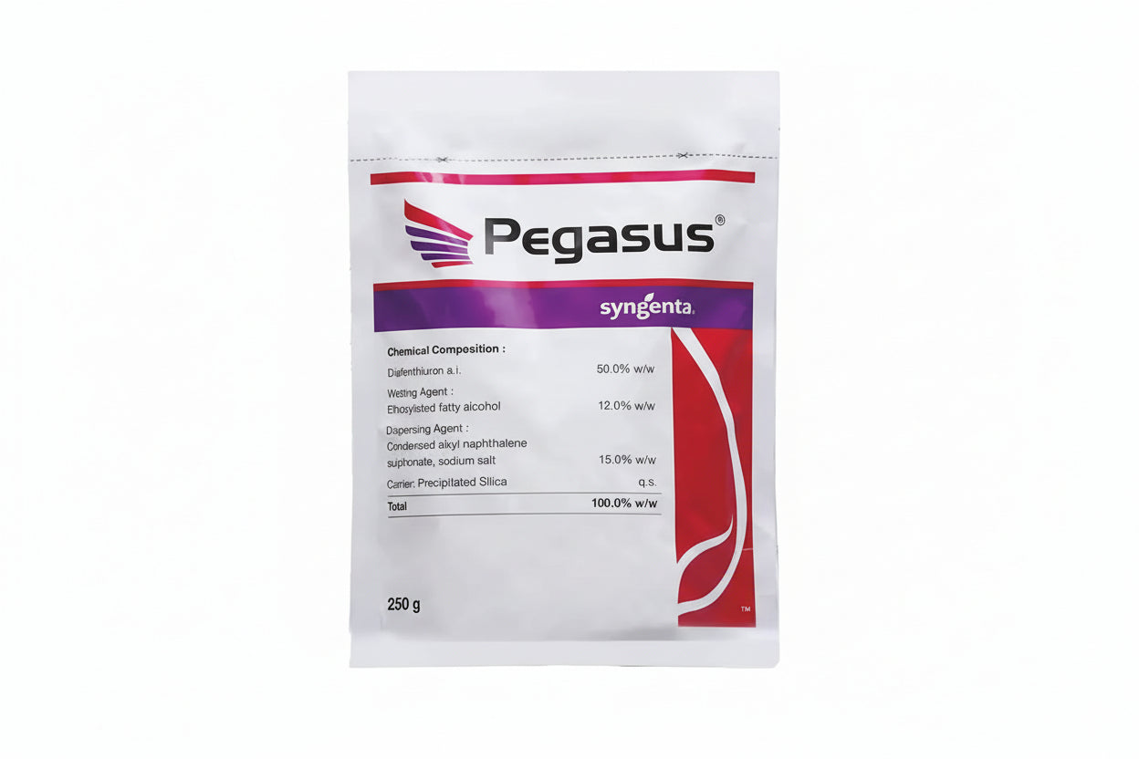 Syngenta Pegasus Insecticide containing Diafenthiuron 50% WP for effective control of whiteflies, thrips, aphids, jassids, and mites in crops.